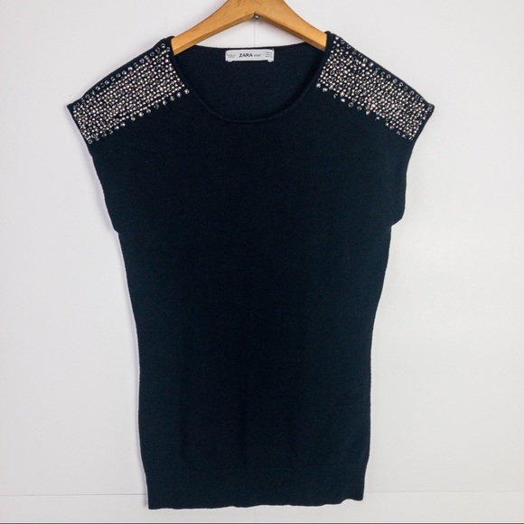 Zara Tops - Zara Beaded Bling Epaulet Sweater Knit Shirt